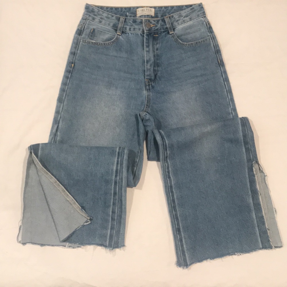 Blank Paige Denim Collection Wide Leg Mid Rise Med Wash Frayed Hem Slit Side S